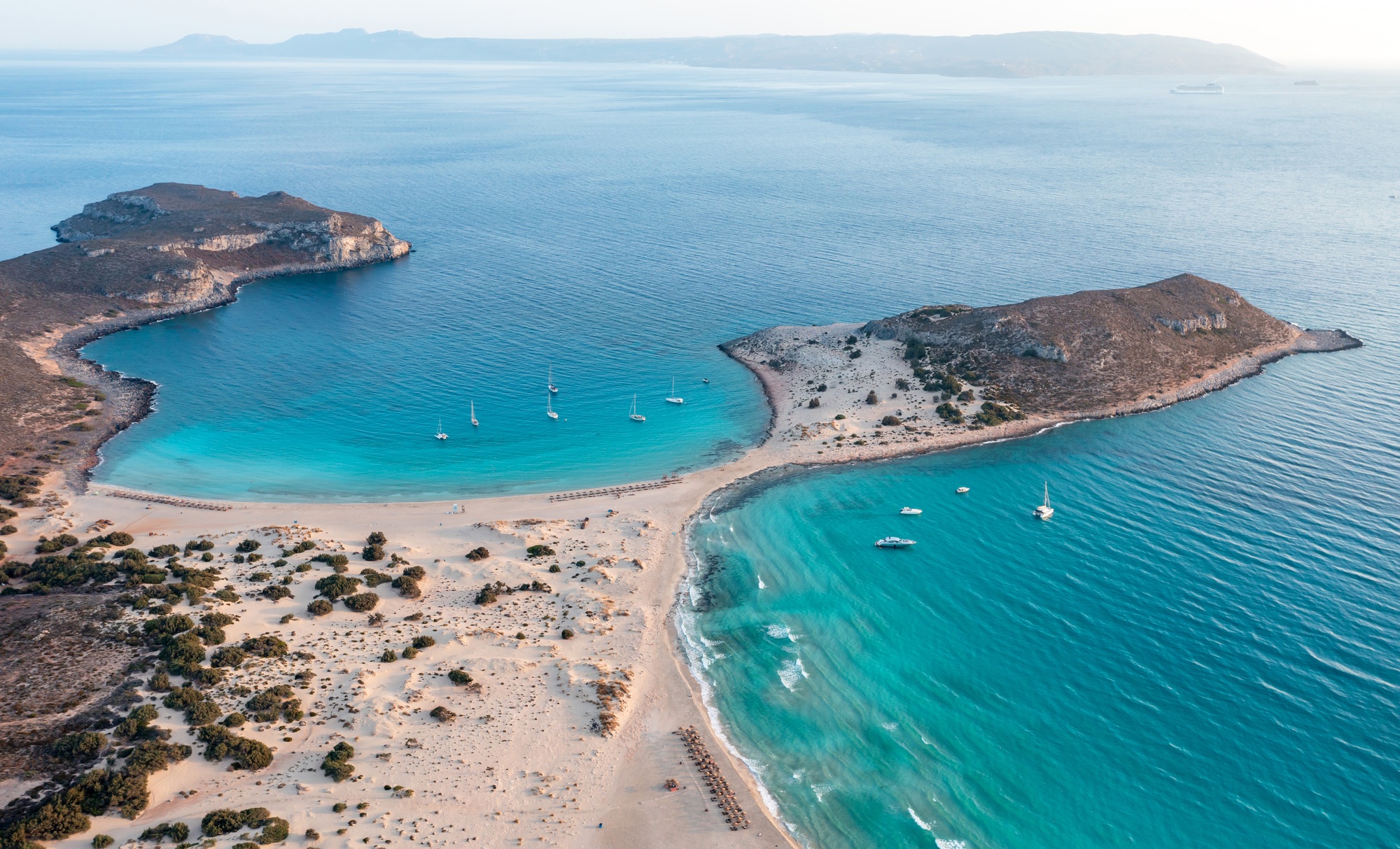 Elafonisos Greek island, Simos sandy beach, aerial drone view. Peloponnese. Greece.
